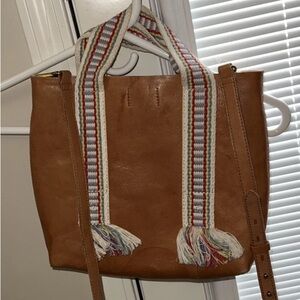 Leather Tote Bag with Multicolor Woven Strap - Tan
